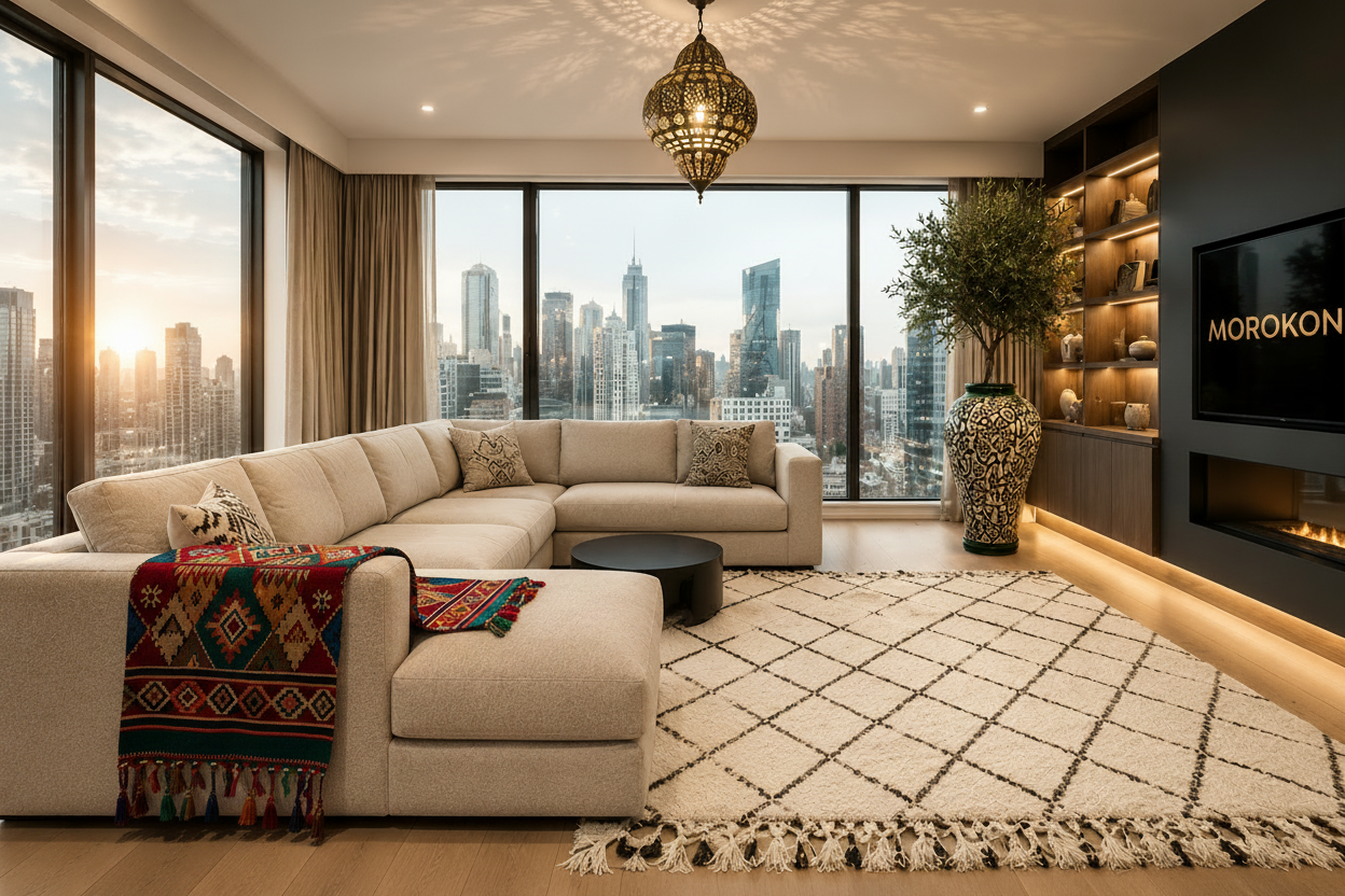 Marokkanisches Wohnzimmer mit Decke und MOROKON Logo